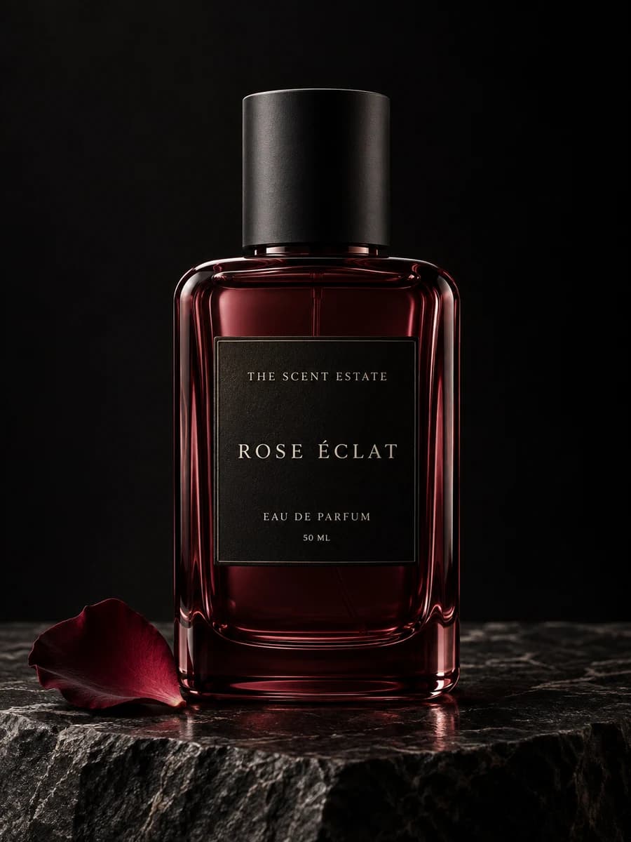 Rose Éclat — The Scent Estate, 50 ml perfume bottle on black stone